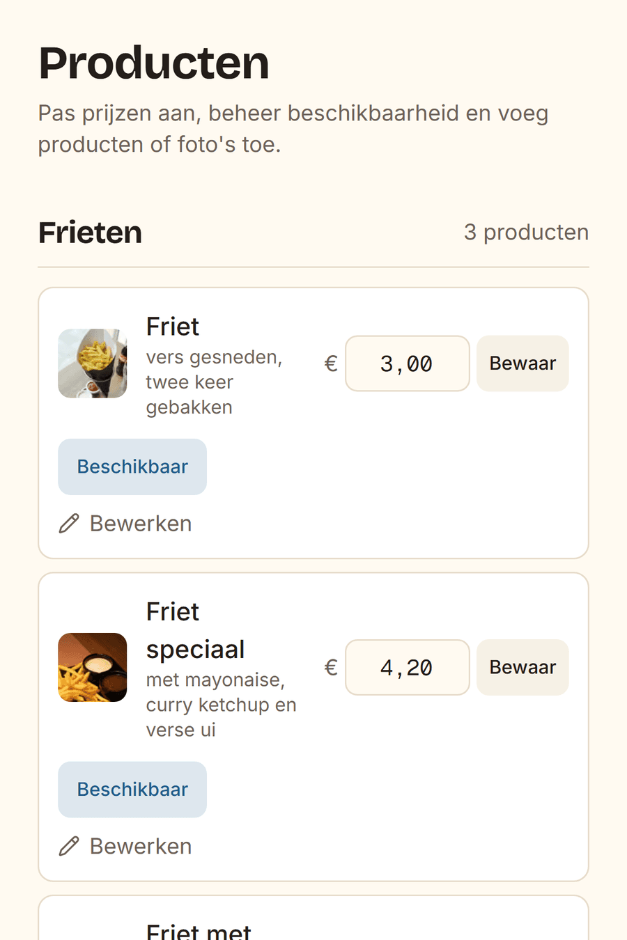 Beheerscherm ‘Producten’: per product de foto, de prijs die u meteen aanpast en de knop ‘Beschikbaar’