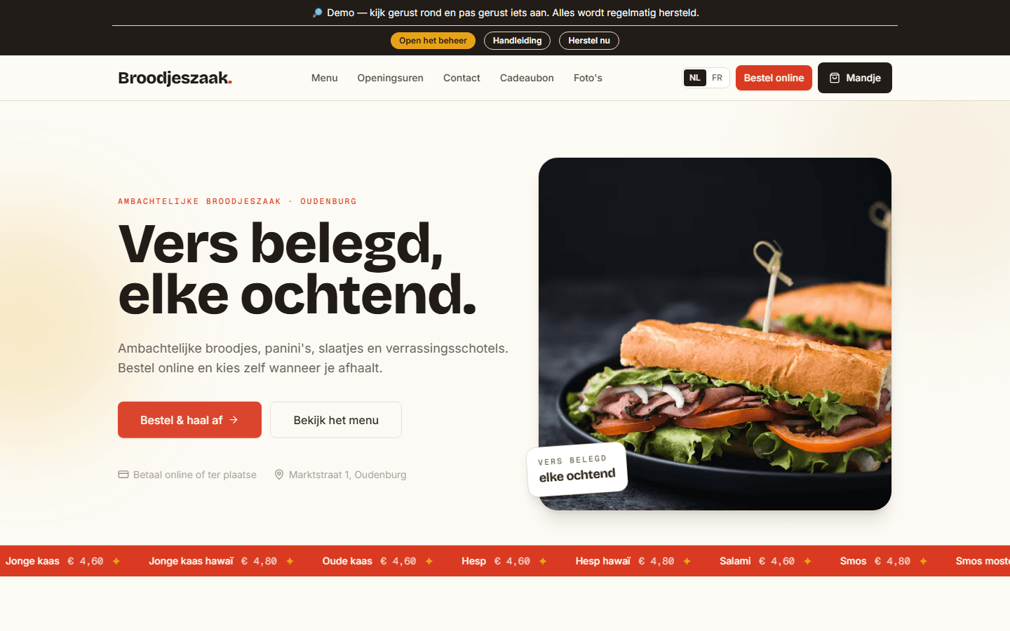Voorbeeld van de bestelsite voor een Broodjeszaak