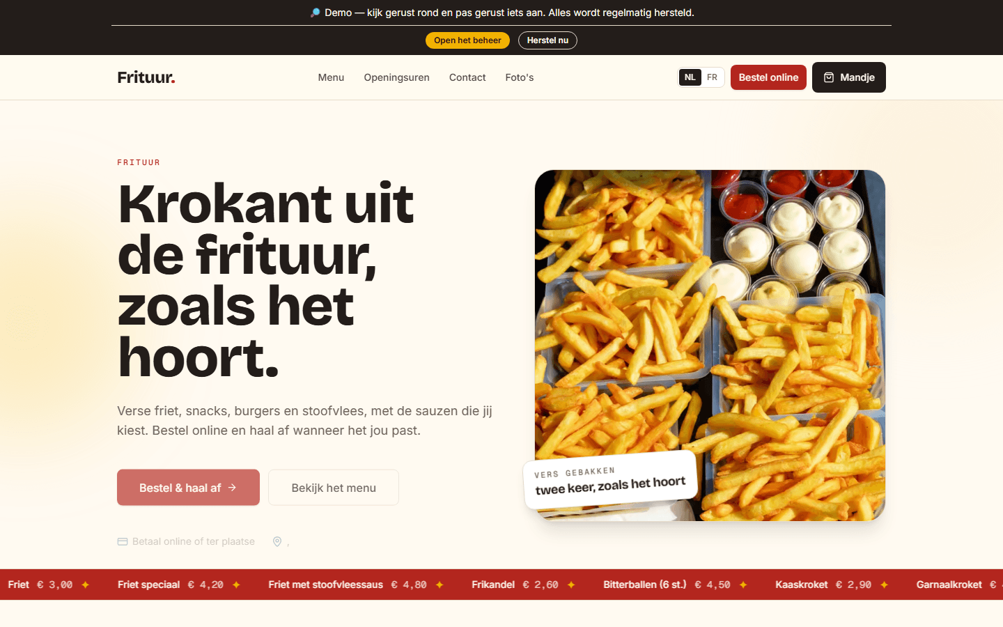 Screenshot van de bestelsite voor een Frituur