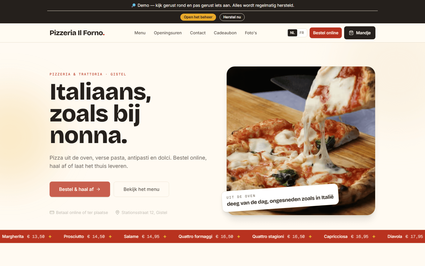 Voorbeeld van de bestelsite voor een Italiaans