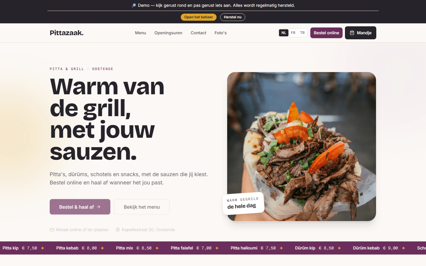 Voorbeeld van de bestelsite voor een Pittazaak