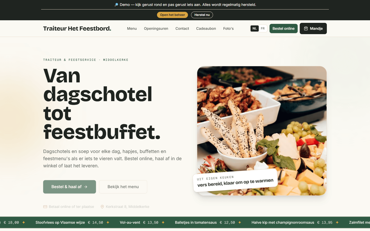 Screenshot van de bestelsite voor een Traiteur