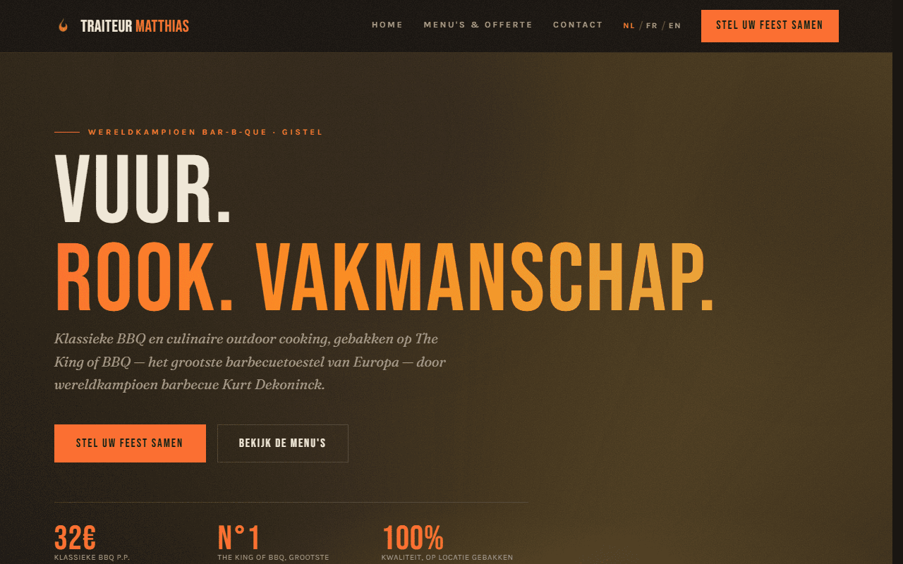 Screenshot van de website van Traiteur Matthias, BBQ-traiteur uit Gistel