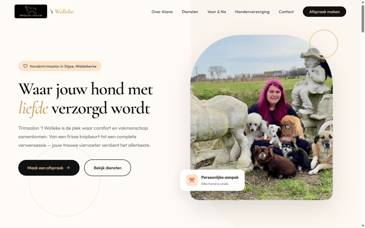 Screenshot van de website van Hondentrimsalon 't Wolleke in Slijpe